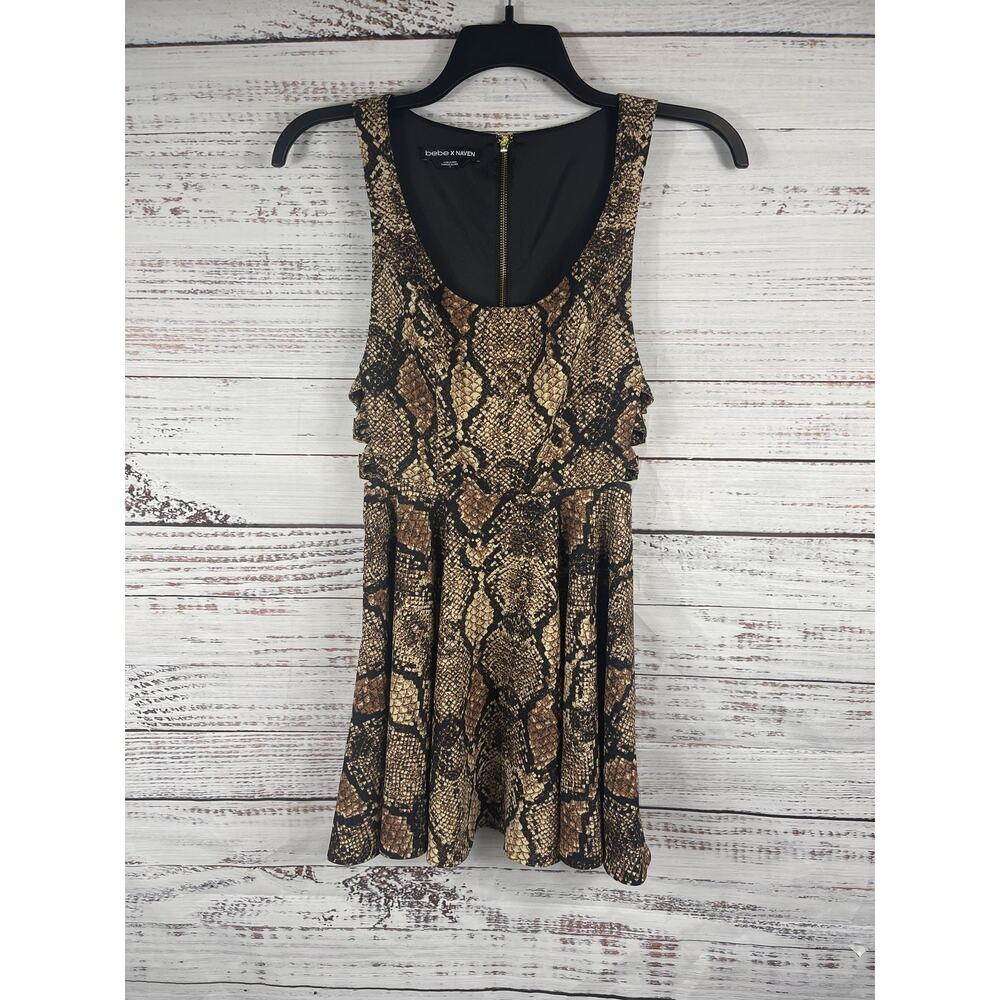 Bebe x Naven Dress Women's 2 Brown Black Snake Print Mini Fit Flare Cutout Party
